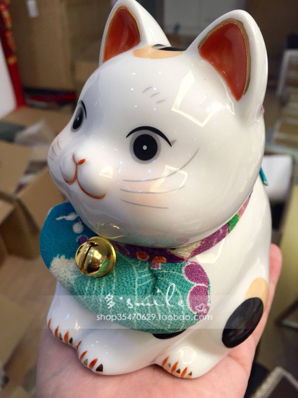 日本进口濑户药师窑陶瓷鞠躬作揖喵星人可爱招财猫摆件