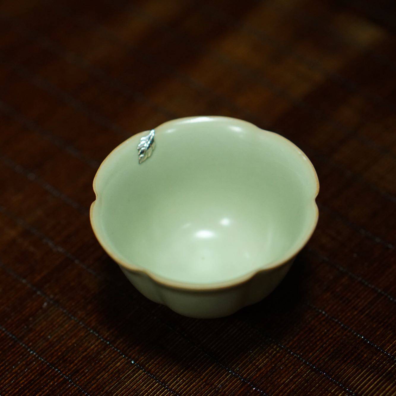 传老 台湾老衡连汝窑茶杯 天青小葵口 边口嵌银 釉水润个性品茗杯