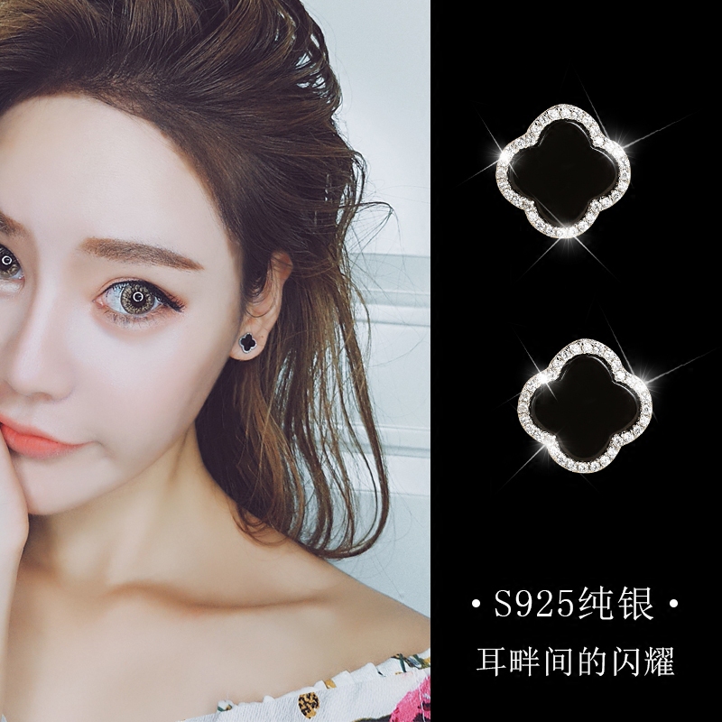 925纯银耳钉女2021年新款潮耳环2022黑色银饰耳饰简约四叶草小巧