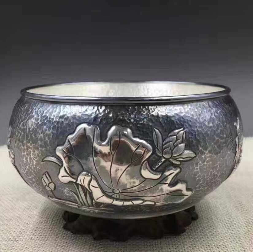 银钵足银纯银茶洗荷花鱼纯手工毛笔洗汤碗汤锅功夫茶具