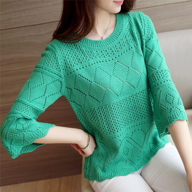 春秋秋装镂空毛衣套头宽松破洞韩版半针织衫女薄款毛针织衫
