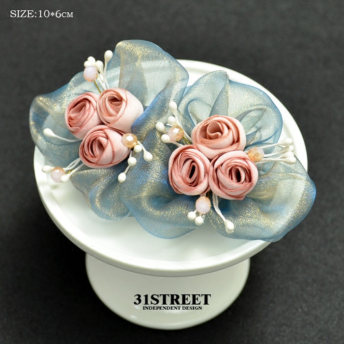 韩版绢花朵发夹原创手工布艺绢花顶夹烧边花苞发饰