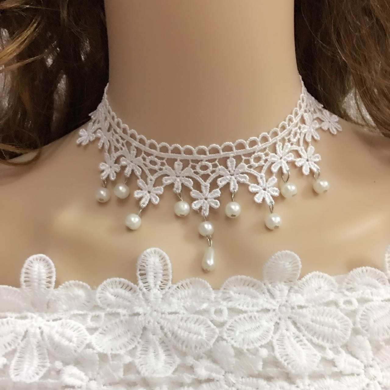 韩版手工定制白色花朵蕾丝新娘韩式链脖项圈项链