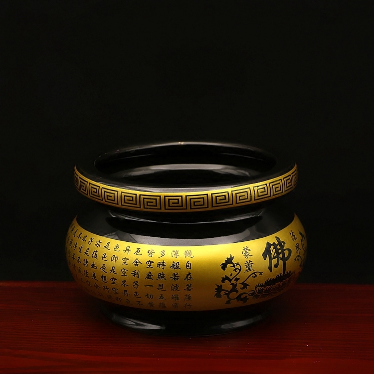 佛具用品黑釉佛字心经陶瓷香炉35寸供佛招财香炉观音莲花香炉