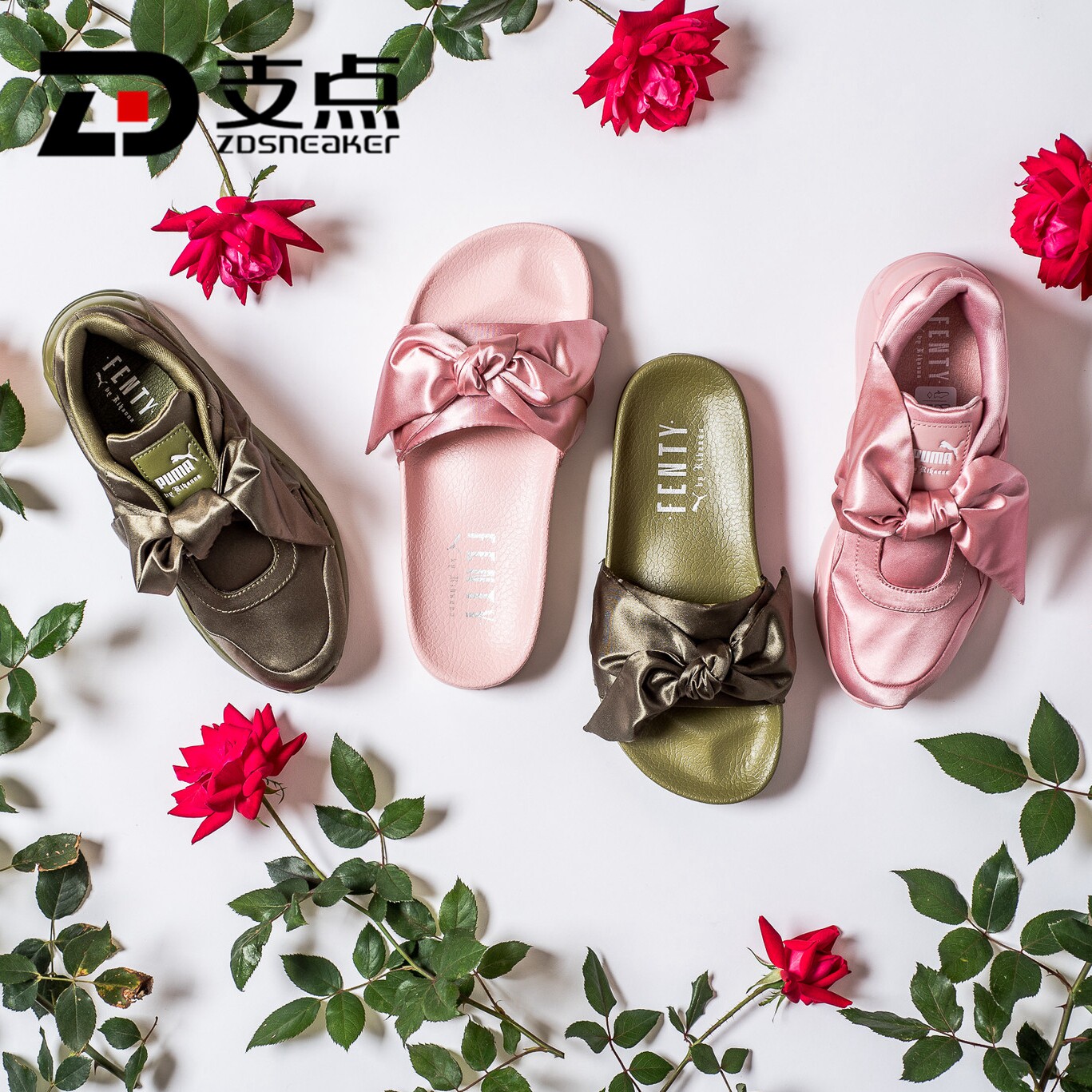 彪马puma蕾哈娜蝴蝶结丝绸丝带粉色女运运动拖鞋运动拖鞋