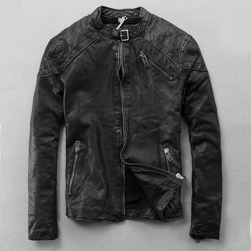 真皮皮衣男 秋季新品短款韩版修身立领绵羊皮机车皮夹克外套男装