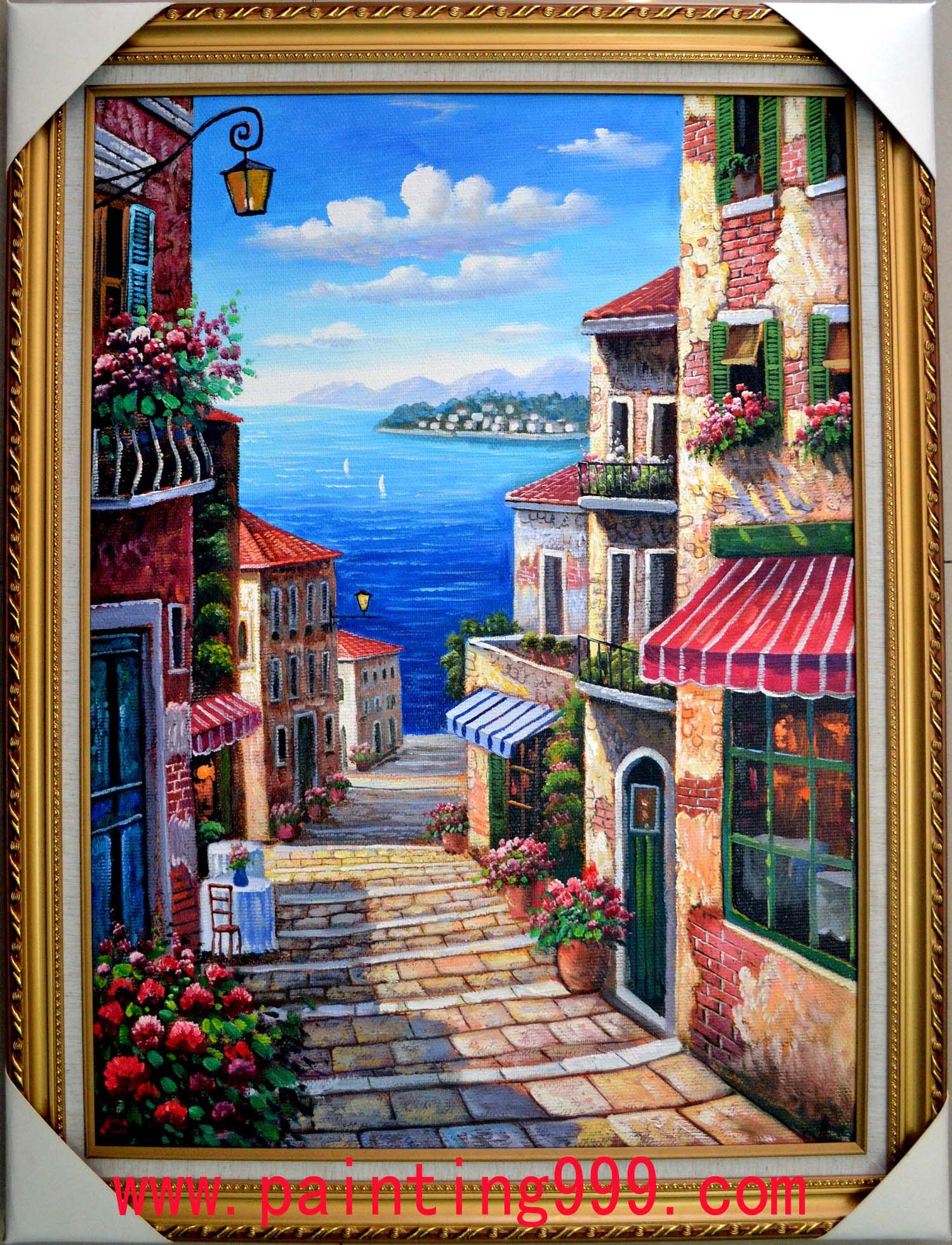 手绘油画地中海建筑蓝天装饰花丛阳伞白云尺寸油画