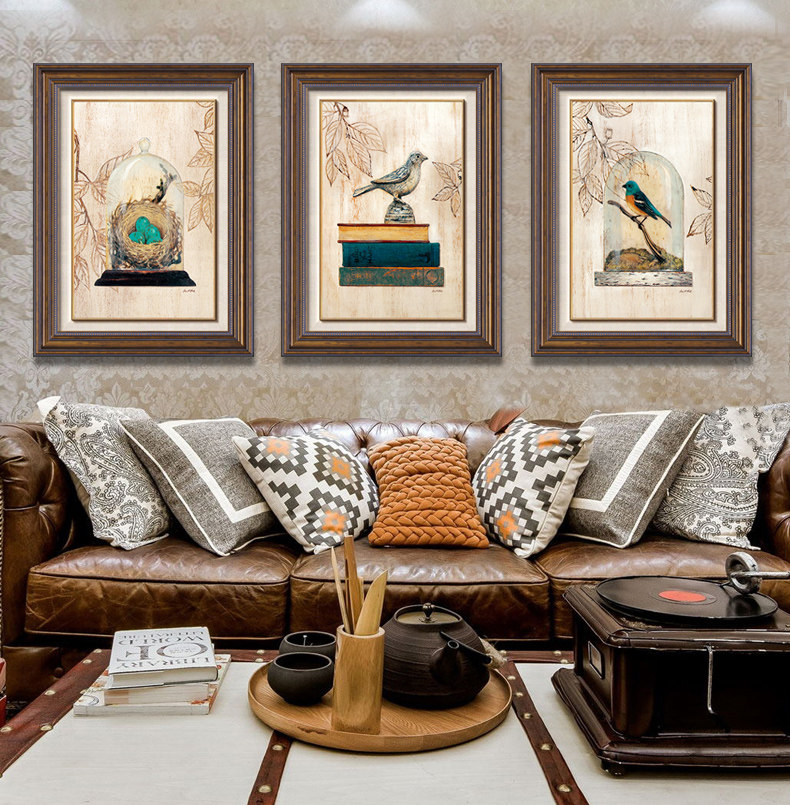 美式乡村装饰画客厅背景墙挂画花鸟卧室田园床头壁画三联画欧式