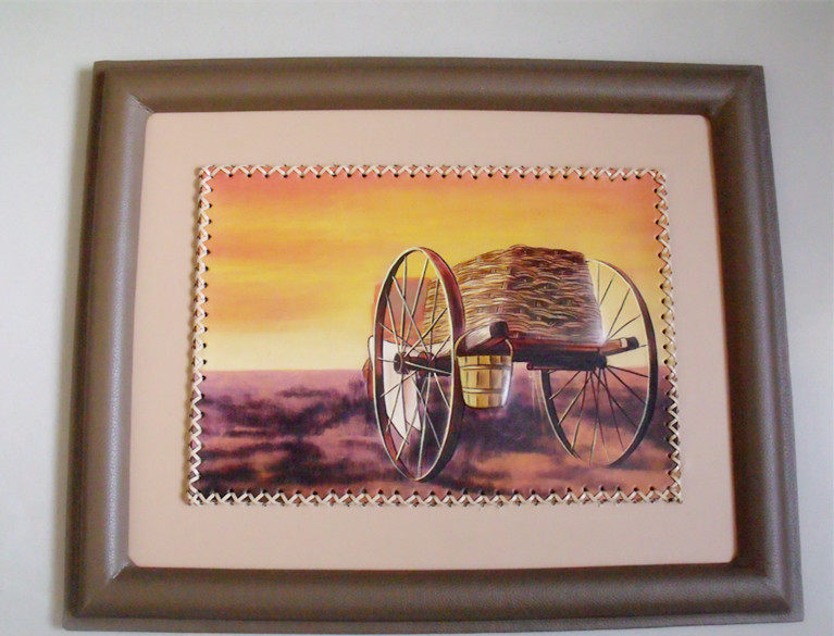 蒙古工艺品蒙古族牛皮装饰画真皮手工42cm勒勒车蒙古皮画