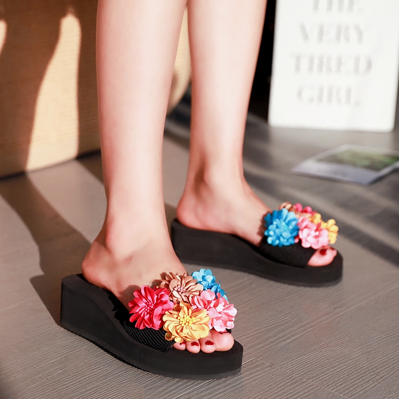 拖鞋海边沙滩女夏时尚外花朵拼色坡跟中跟厚底一字拖