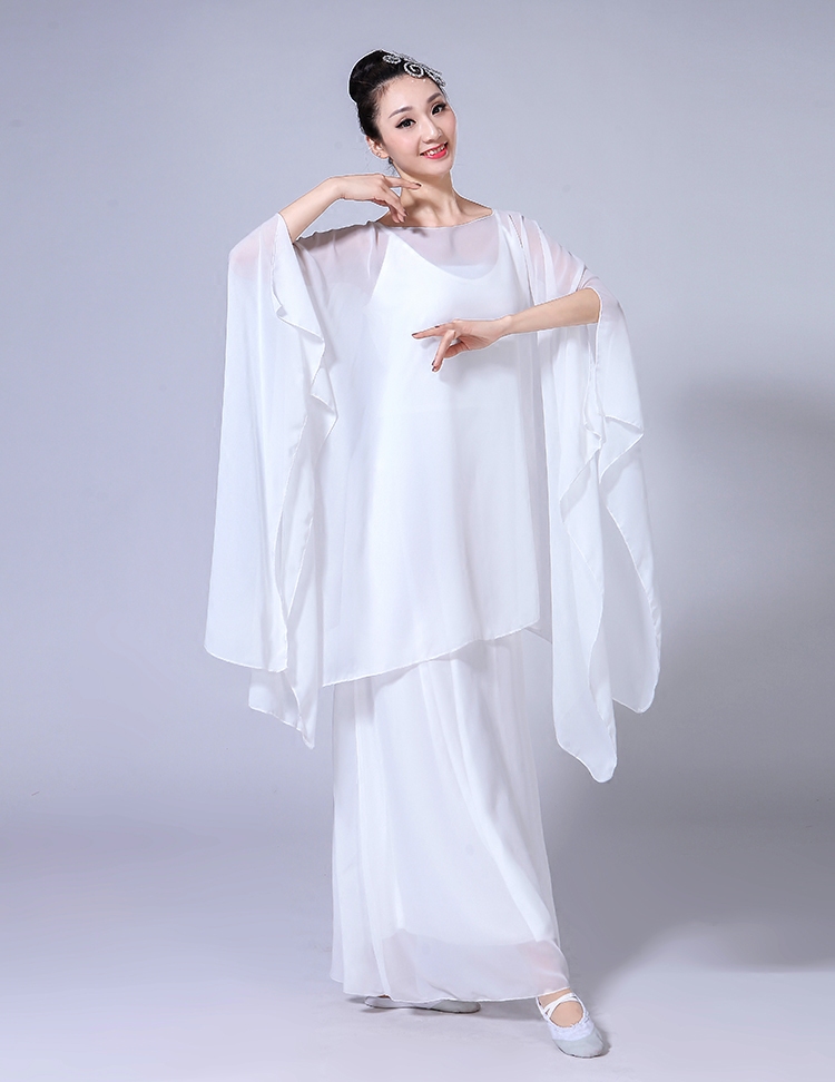 古筝演出服合唱长裙民乐飘逸白色吊带成人水袖民族服装