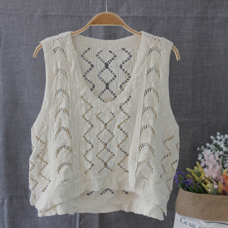 钩花坎肩外穿背心马甲套头无袖镂空短款春夏毛针织衫