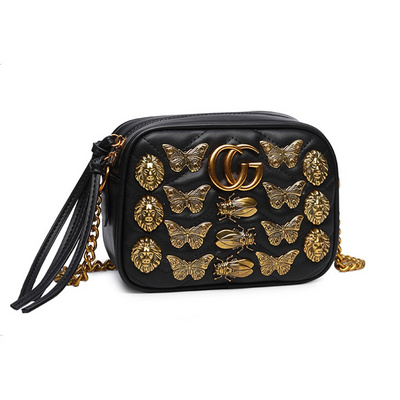 cg链条斜跨包女2019新款复古斜纹蜜蜂金属徽章相机包黑色小方包