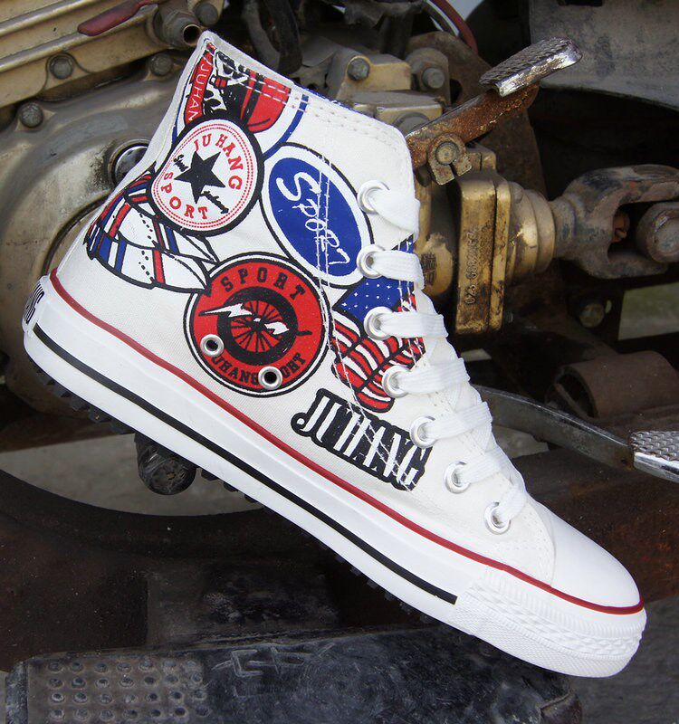 男士中高帮帆布鞋涂鸦平底学生布鞋男休闲鞋韩版潮流个性手绘鞋子