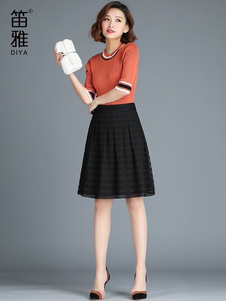 短裙半身裙女2019新款秋蕾丝网纱裙百褶中长半身裙