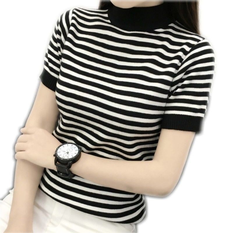 夏季打底条纹黑白高领半高毛衣冰爽恤女短袖t恤