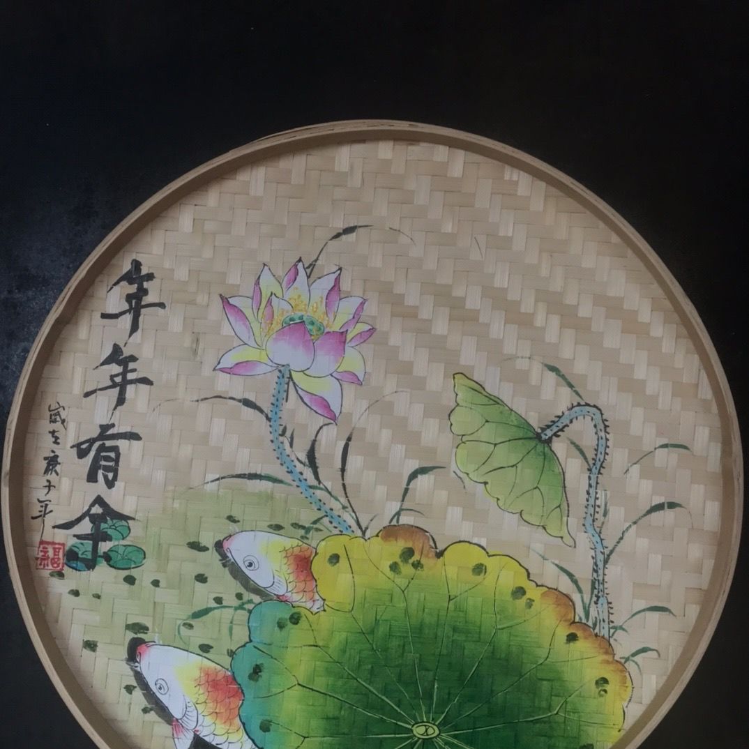 簸箕茶室农家乐手绘竹编墙面装饰圆形工艺画