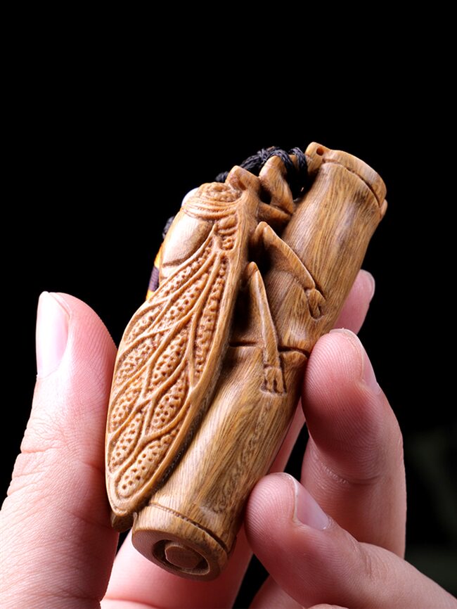 竹节木质木雕绿檀手把一鸣惊人手工工艺品金蝉抱竹木雕