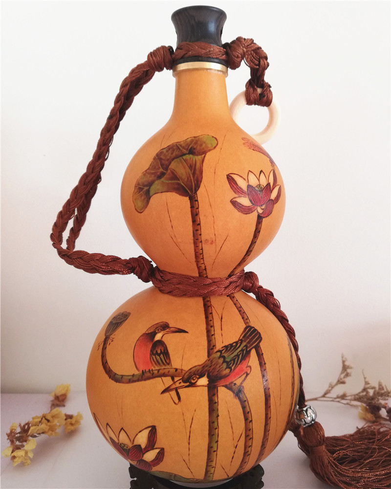 装水天然酒葫芦蜂蜡防渗随身带收藏彩绘烙画墨刻酒壶手工艺品摆件