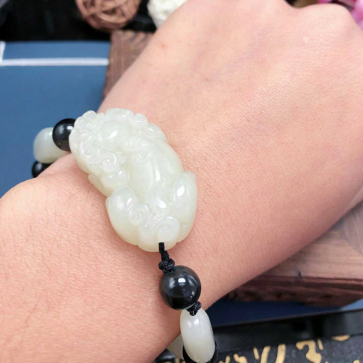 真品天然和田白玉貔貅手链男女玉石皮休手招财手链