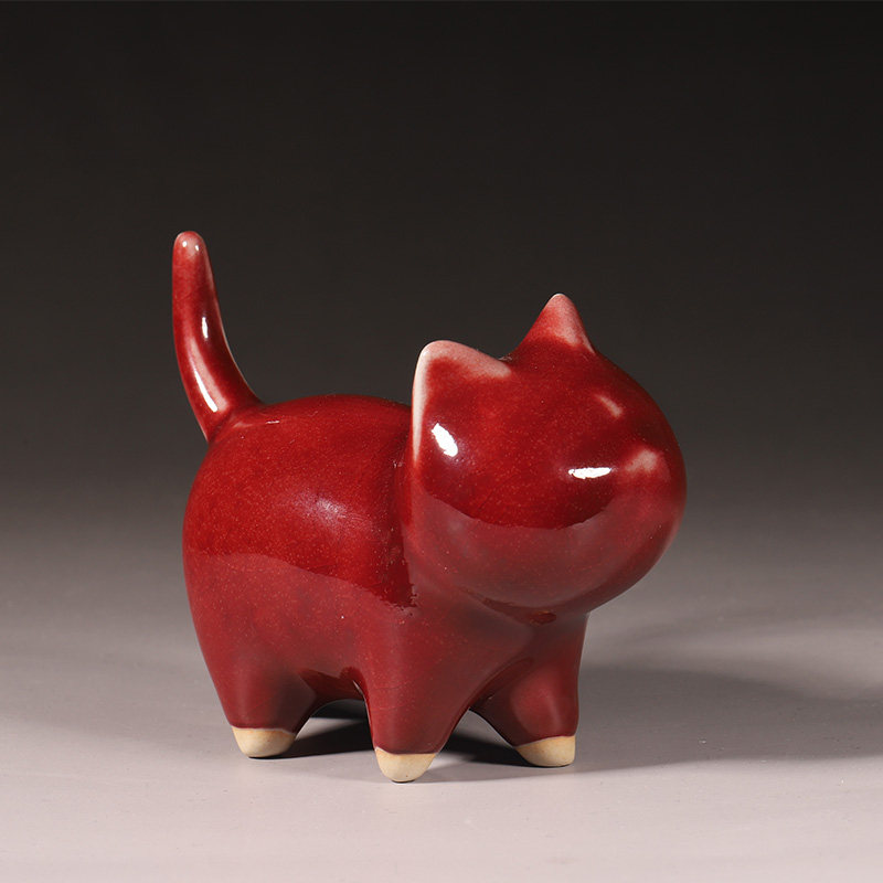 明镜钧瓷自信猫咪摆件招财猫手工陶瓷茶宠创意摆件