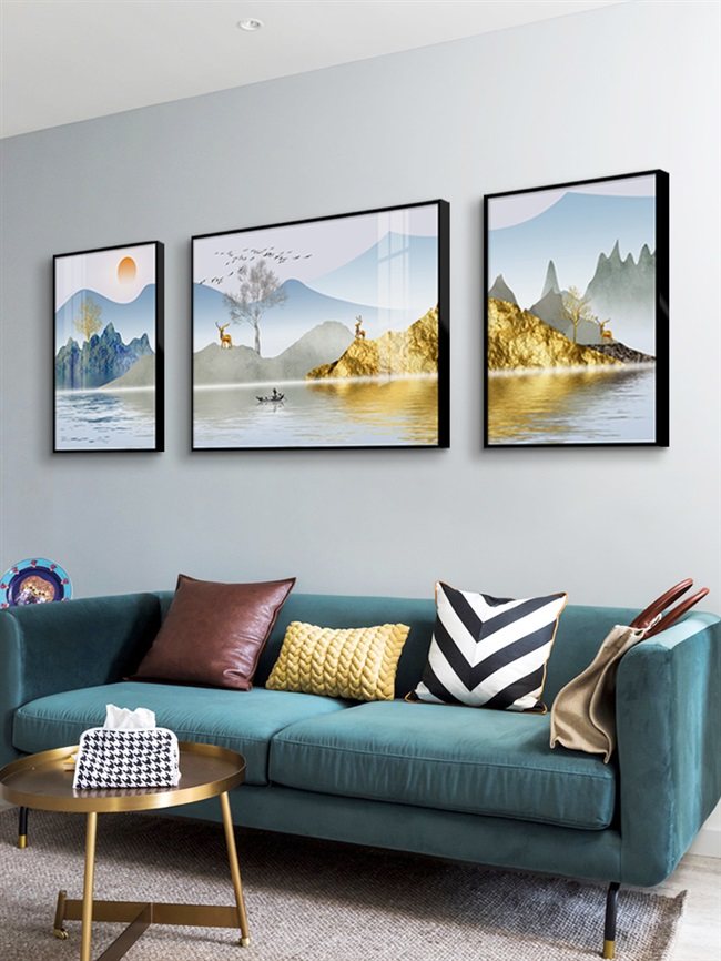 客厅现代山水三联靠山挂画轻奢墙上装饰画背景墙现代装饰画