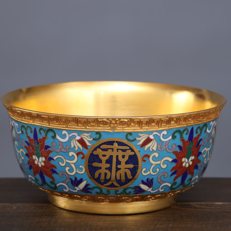 万寿无疆长寿铜胎景泰蓝掐丝珐琅大金仿古供水收藏装饰碗