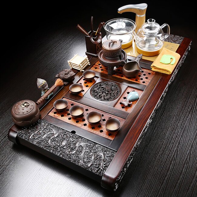 卓兴泡茶一体全自动黑檀实木家用茶盘整套紫砂功夫玻璃壶茶具套装