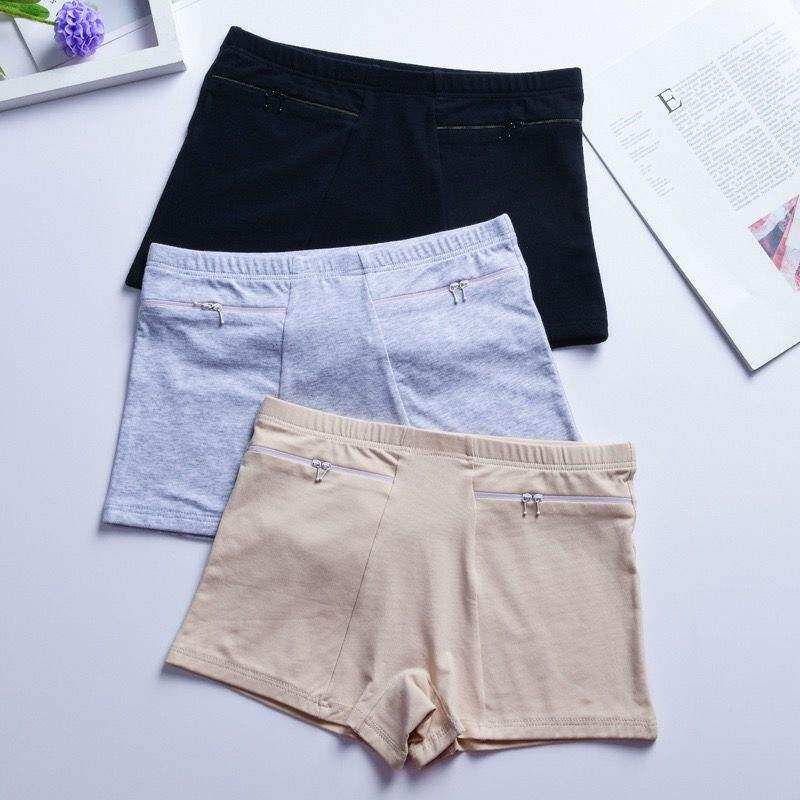 纯棉女士拉链内裤防盗安全裤带兜防走光四角内裤