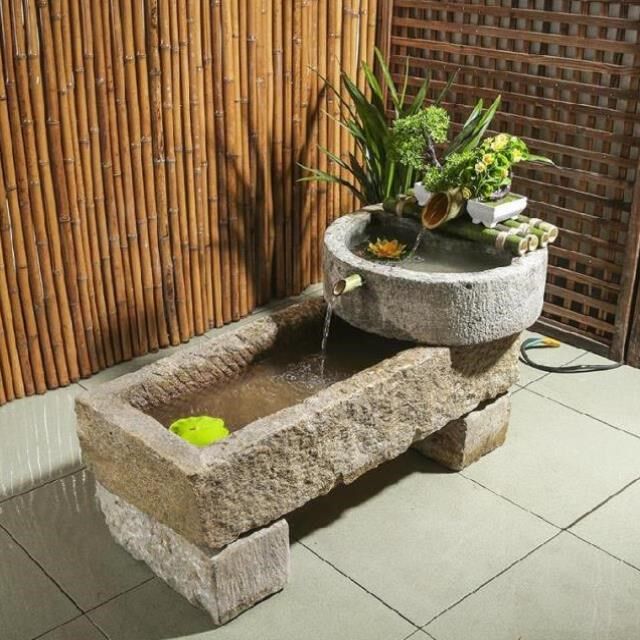 鱼缸阳台种花养鱼池石槽石臼摆件造景猪槽槽子石雕