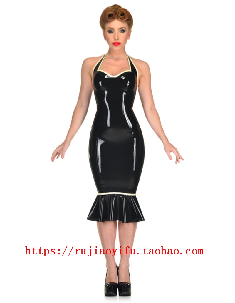 纯天然乳胶女士连衣连衣裙裙子长裙挂脖无袖黑色连衣裙