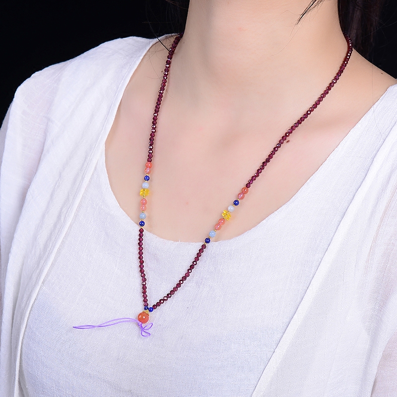 真品天然酒红石榴石毛衣水晶圆珠项链珠链女长款项链