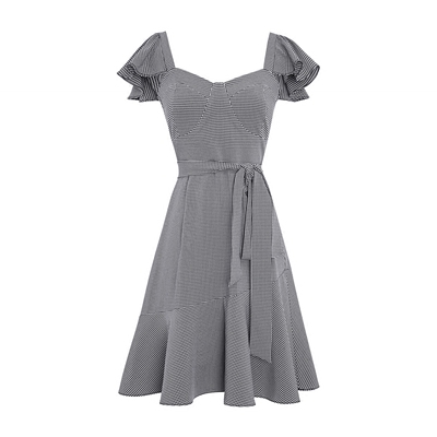 aloha studio 露合制衣裙子女夏 小飞袖复古格纹连衣裙收腰中长裙