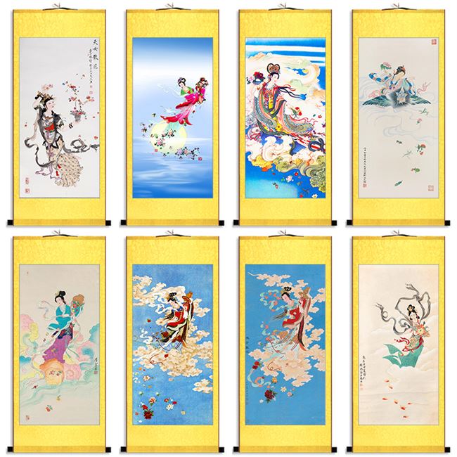 敦煌壁画飞天仕女图仙女画天女散花国画卧室装饰画花仙子卷轴挂画