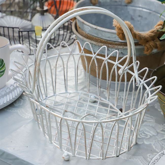 复古提篮野餐铁艺做旧白色花边椭圆鸡蛋实用花篮