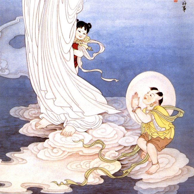 观音送子娘娘菩萨画像佛教结缘求子卷轴挂画国画