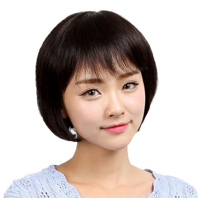 珍发思假发 瘦脸中年女士短发黑色真发齐耳短发 逼真透气短直发
