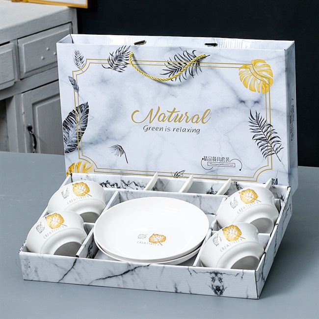 金叶满园简约北欧欧风绿叶陶瓷餐具礼盒开业碗