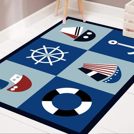 蓝色长方形新款可爱卡通水手帆船早教儿童卧室地毯