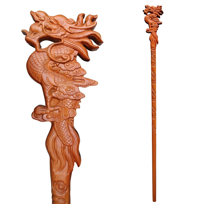 龙头天然桃木拐杖龙仗手杖权杖寺庙戏曲用品木雕