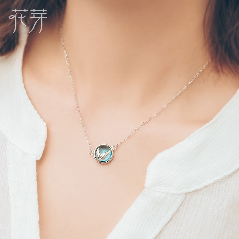 花芽原创人鱼泡沫项链女纯银韩版简约学生水晶吊坠森系清新锁骨链