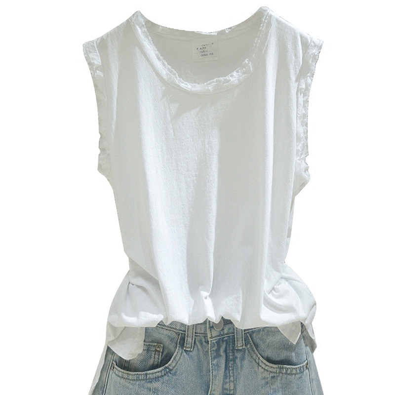 2019夏季新款宽松棉质纯白色毛边圆领无袖背心背心吊带