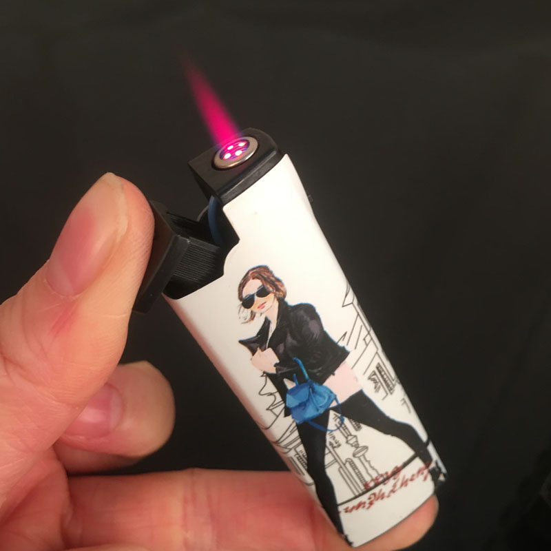 热卖个性创意侧开塑料防风打火机直冲包画美女一次性打火机