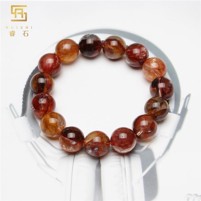 睿石天然胶花水晶手链鸩羽幽灵红黄胶花手饰品本命年手链