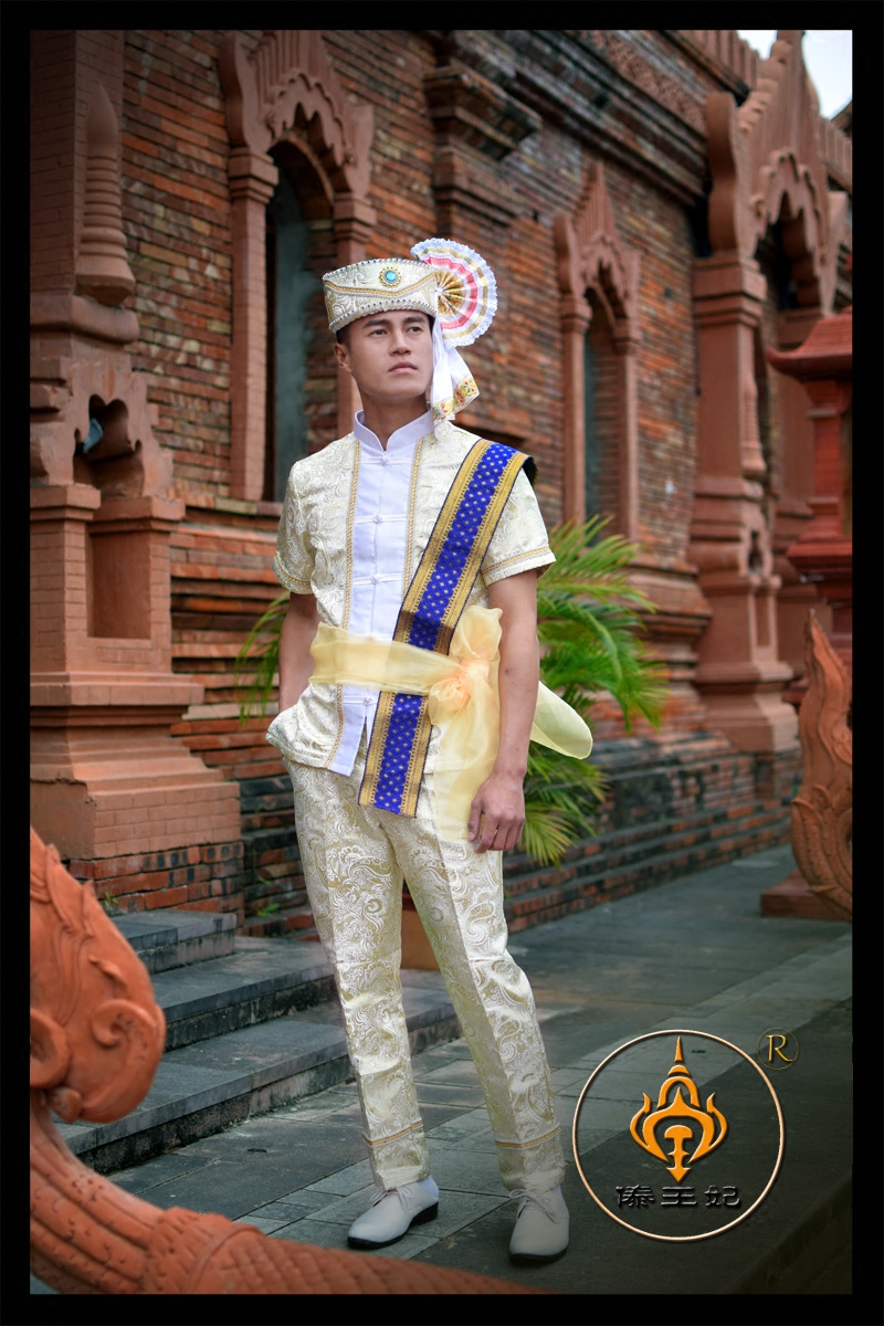 傣王妃服饰傣族传统男装白色立领短袖帽子舞台民族服装