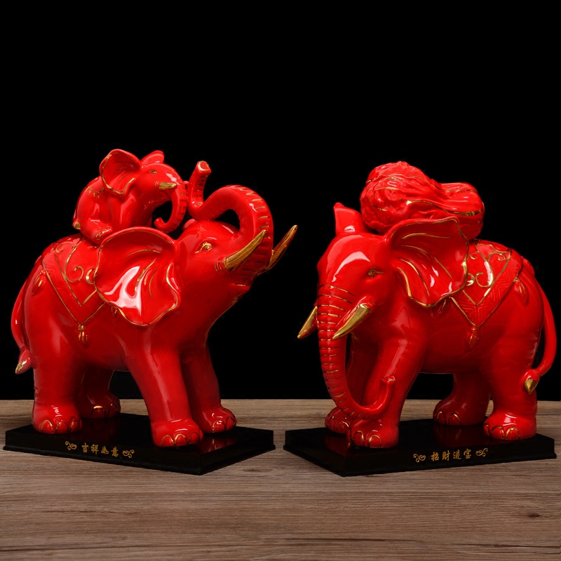 红色招财大象摆件电视酒柜装饰品母子风水客厅摆件