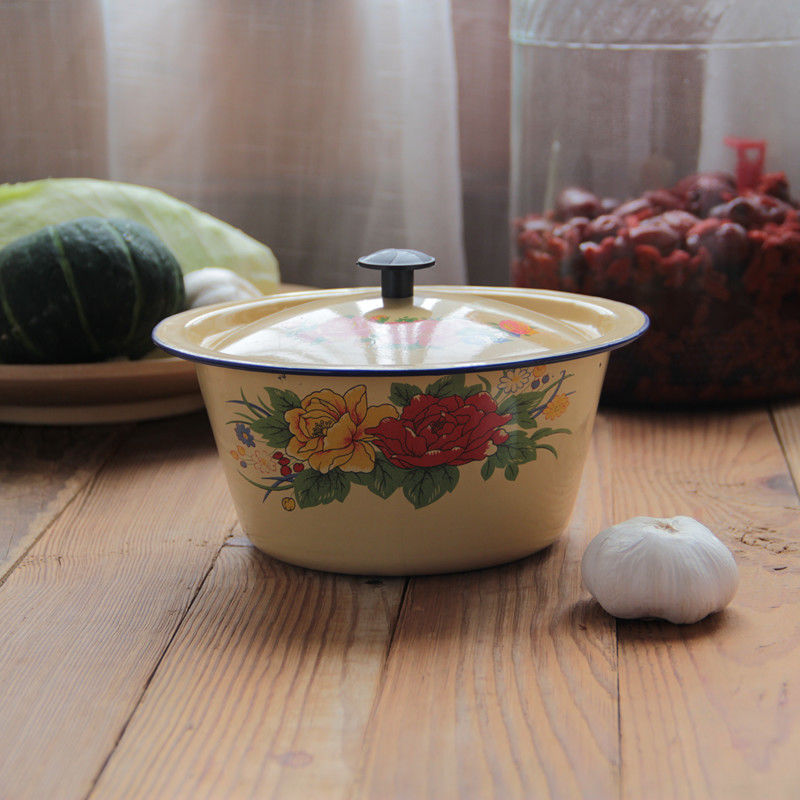 老式带盖搪瓷盆熬中药电磁炉明火怀旧复古猪油盆