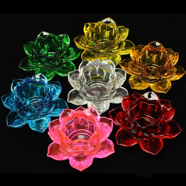 七彩琉璃烛台水晶玻璃莲花灯防风酥油灯座供佛蜡烛台长明灯供佛灯