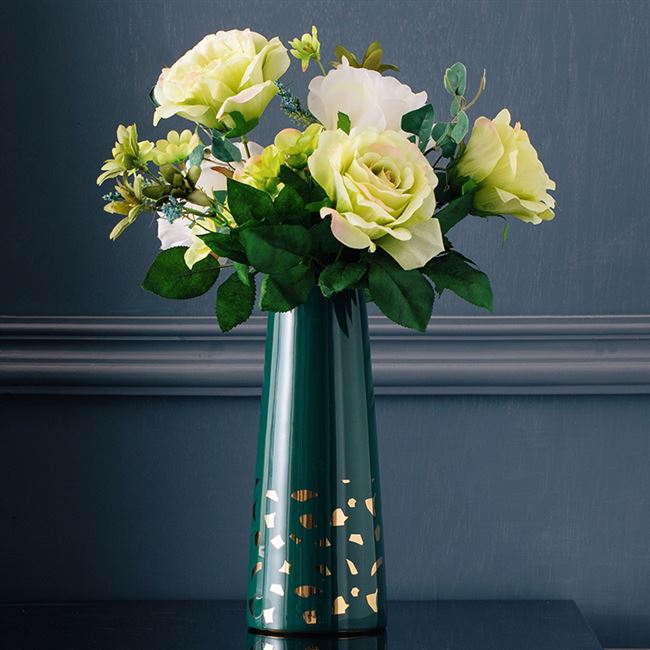 佳佰 花瓶陶瓷摆件古典客厅插花奢华锥形25cm花插 白色金片