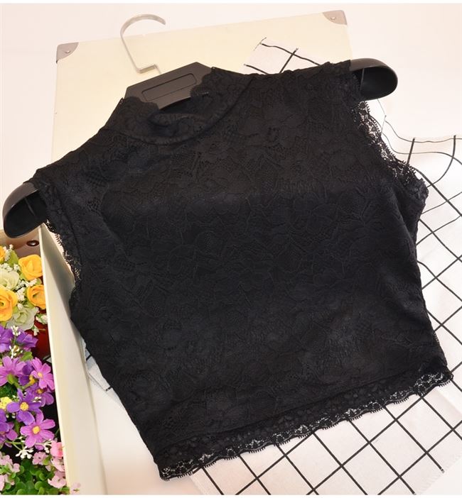 女韩冬露臂打底衫花瓣半高领上衣服勾花内衬加绒保暖无袖黑白蕾丝